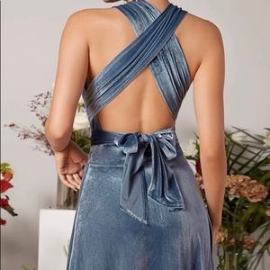 Small blue velvet tied open back long dress
